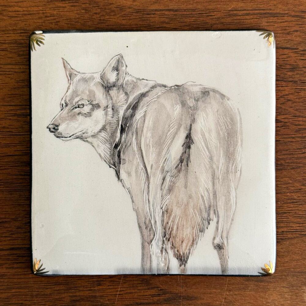 Gim Firenze Wolf Ceramic Decorative Tile 4x4 Square Glossy White/Gray